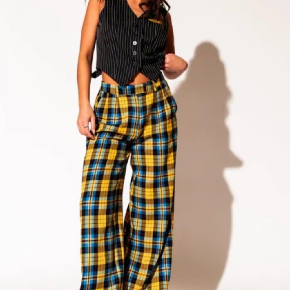 Dressed in LALA Lovers Lane Plaid Wide Leg Trousers in Yellow